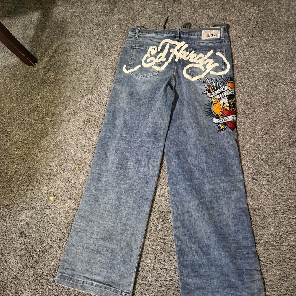 Ed Hardy Blue Jeans with Colorful Graphics - Picture 3 of 5